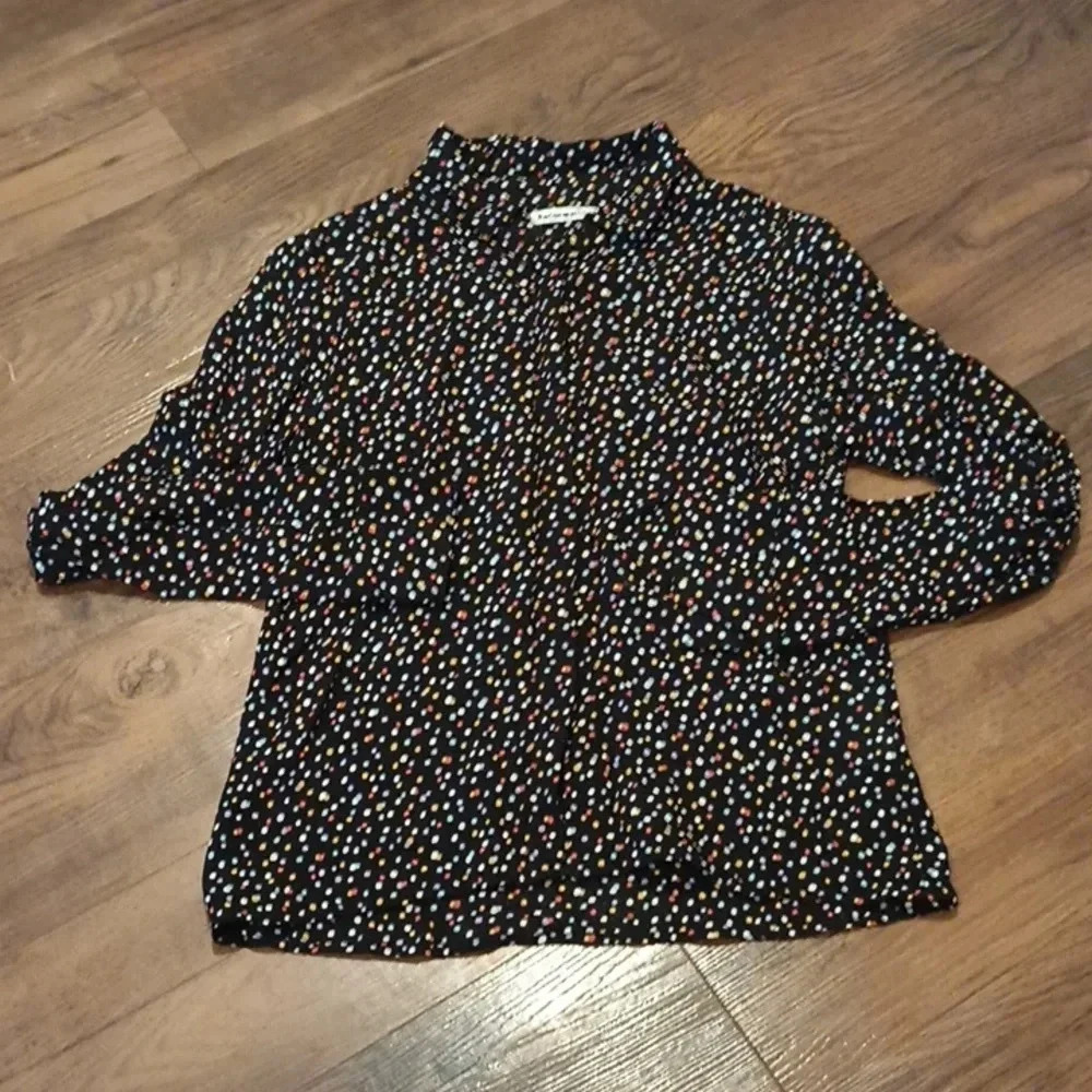 Reformation Black Sheer Colorful Polka Dot Fitted Button Down Top A33